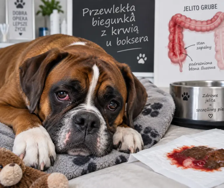 Bokser z objawami colitis – biegunka z krwią i podrażniona błona śluzowa jelita grubego