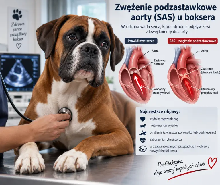 Bokser u weterynarza – diagram porównujący zdrowe serce i serce ze zwężeniem podzastawkowym aorty (SAS) oraz lista najczęstszych objawów