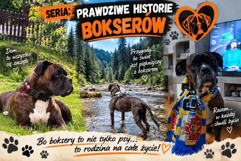 Grafika serii „Prawdziwe historie bokserów”: boksery nad górskim potokiem i bokser w kibicowskim szaliku