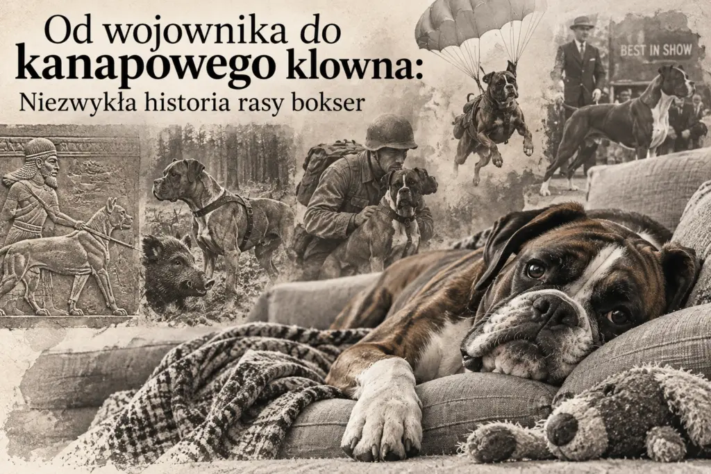 Kolaż historii rasy bokser: asyryjski relief z molosem, polowanie na dzika, bokser z żołnierzem, bokser na spadochronie, wystawa Best in Show i bokser śpiący na kanapie
