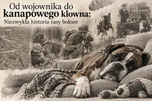 Kolaż historii rasy bokser: asyryjski relief z molosem, polowanie na dzika, bokser z żołnierzem, bokser na spadochronie, wystawa Best in Show i bokser śpiący na kanapie