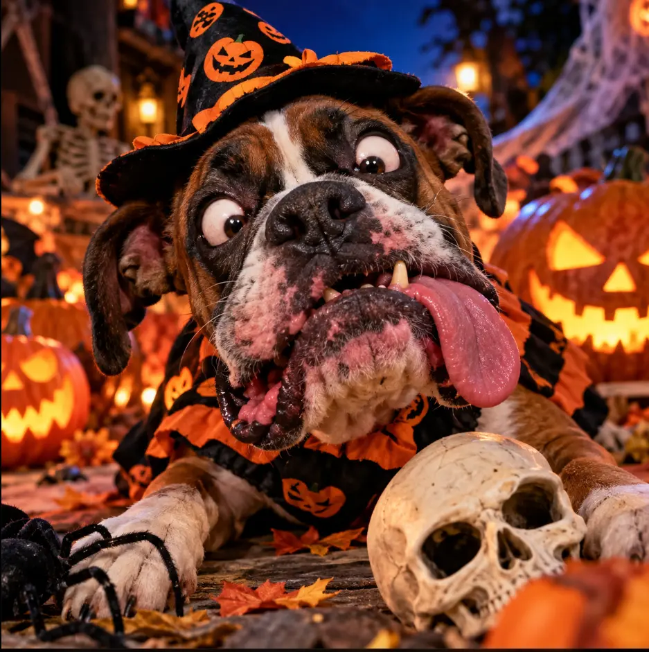 Bokser w kapeluszu czarownicy z wywieszonym językiem wśród halloweenowych dyń – konkurs Miss Brzydala 2026